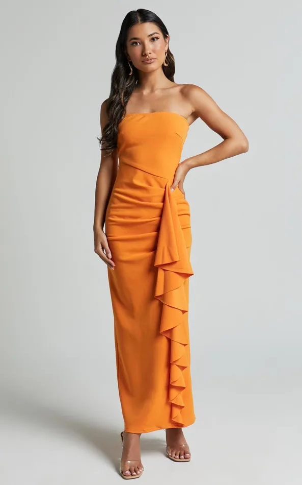 Showpo Ghamie Midi Dress 8211 Strapless Ruffle Dress In Orange Women Dresses