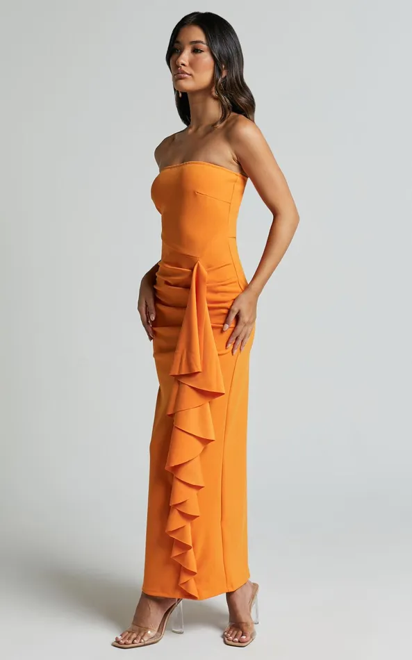 Showpo Ghamie Midi Dress 8211 Strapless Ruffle Dress In Orange Women Dresses