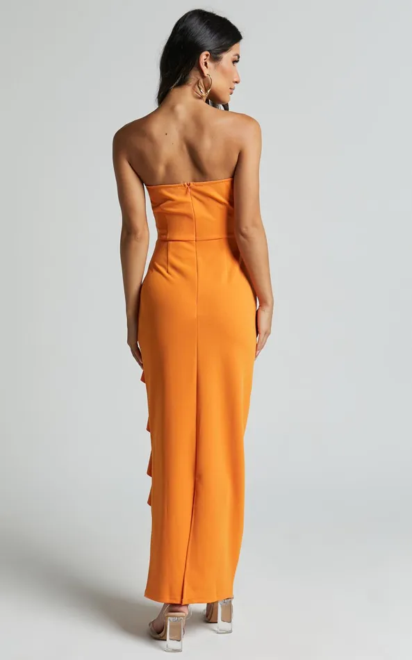 Showpo Ghamie Midi Dress 8211 Strapless Ruffle Dress In Orange Women Dresses