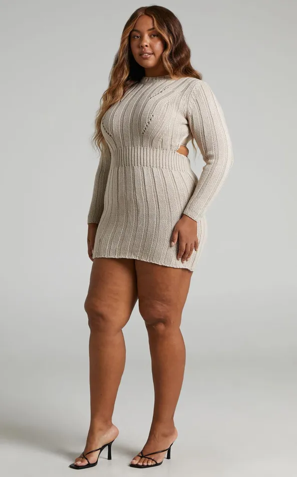 Showpo Ghamie Mini Dress 8211 Knit Bodycon Long Sleeve Open Back Dress In Beige Women Curve Clothes
