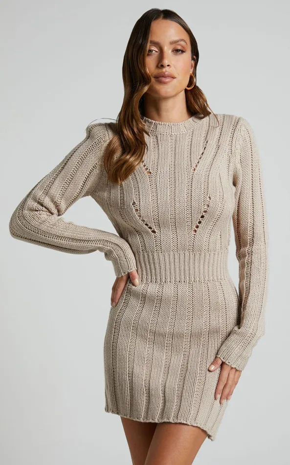 Showpo Ghamie Mini Dress 8211 Knit Bodycon Long Sleeve Open Back Dress In Beige Women Curve Clothes
