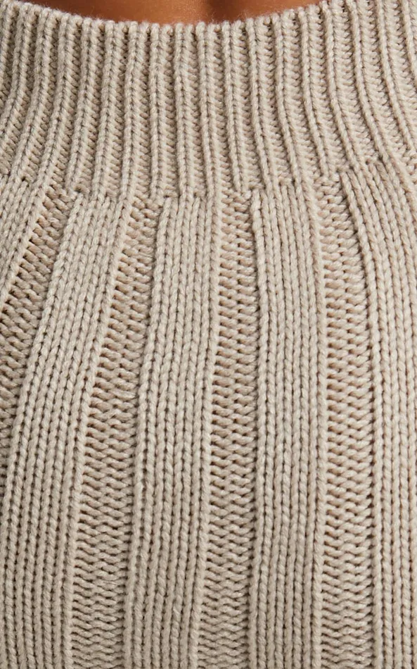 Showpo Ghamie Mini Dress 8211 Knit Bodycon Long Sleeve Open Back Dress In Beige Women Curve Clothes
