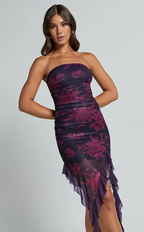 Showpo Ghelyn Midi Dress 8211 Mesh Strapless Ruffle Detail Bodycon Dress In Purple Women Dresses