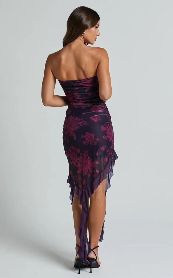 Showpo Ghelyn Midi Dress 8211 Mesh Strapless Ruffle Detail Bodycon Dress In Purple Women Dresses