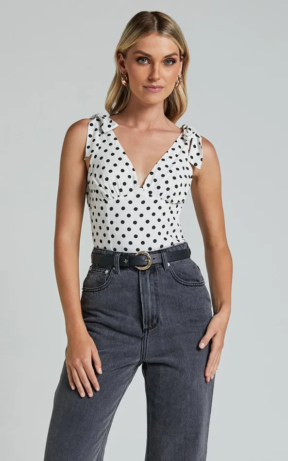 Showpo Ghent Top 8211 Shoulder Tie Plunge Top In Black And White Spot Women Tops