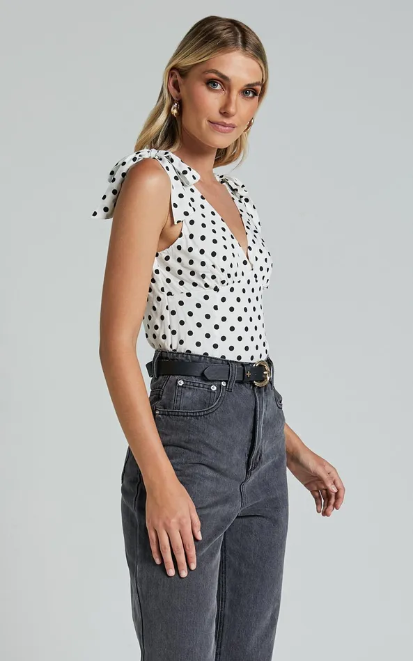 Showpo Ghent Top 8211 Shoulder Tie Plunge Top In Black And White Spot Women Tops