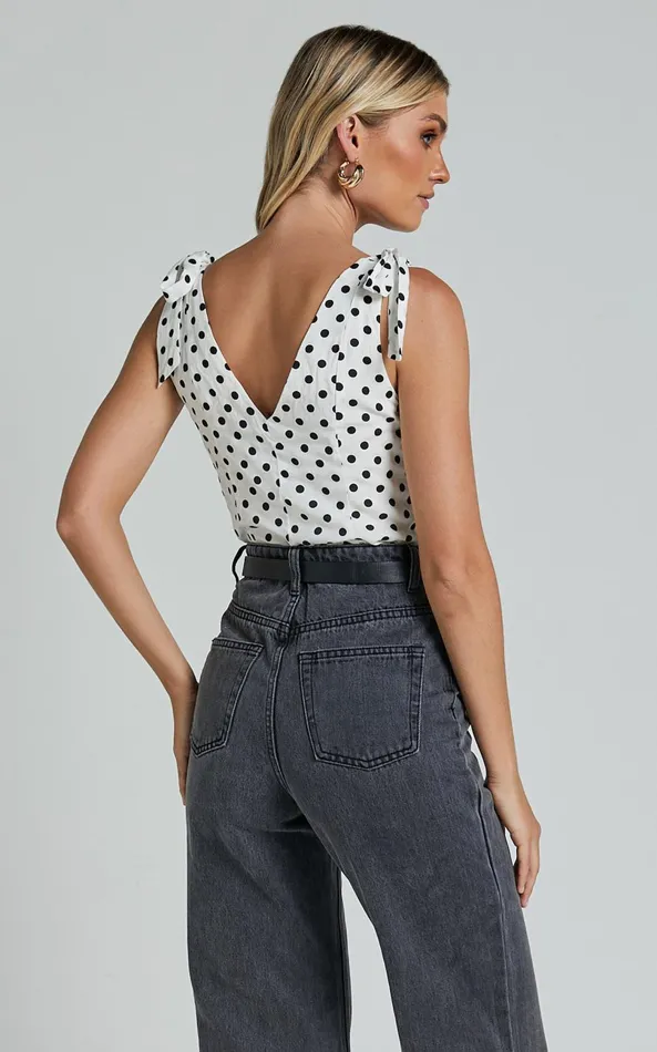 Showpo Ghent Top 8211 Shoulder Tie Plunge Top In Black And White Spot Women Tops