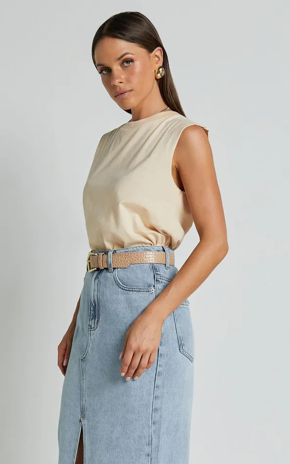 Showpo Gia Tee 8211 High Neck Tshirt In Nude Women Tops