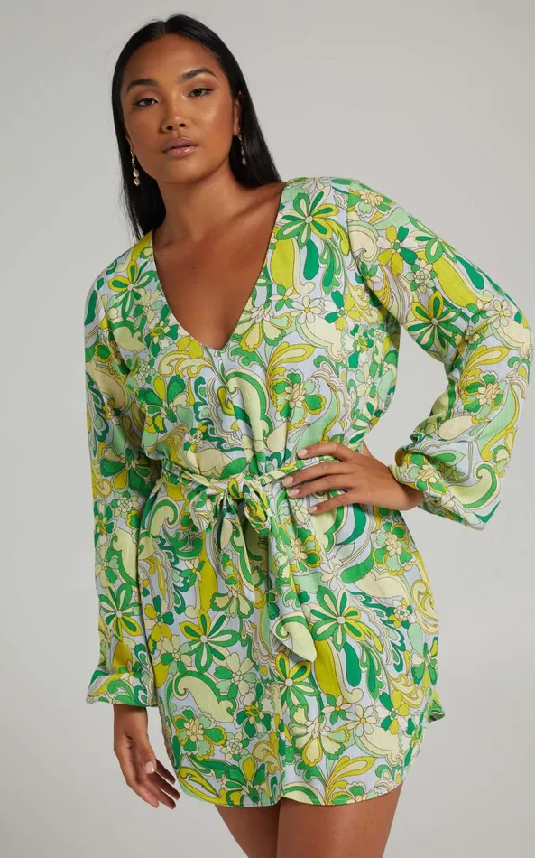 Showpo Gianna Mini Dress 8211 Linen Look Balloon Sleeve Dress In California Dreamin Women Dresses