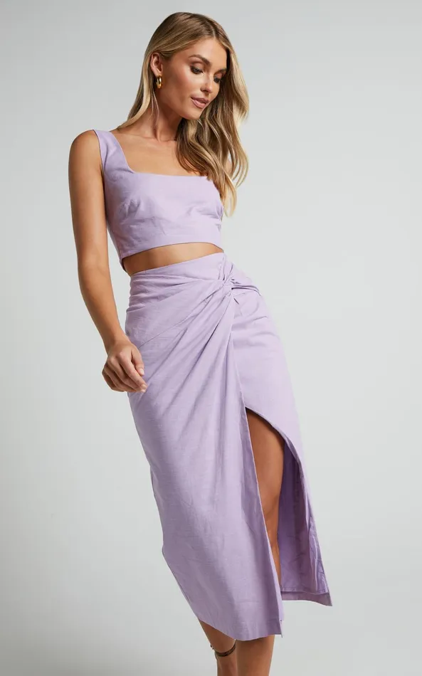 Showpo Gibson Two Piece Set 8211 Linen Look Crop Top And Knot Front Midi Skirt Set In Lilac Women Two Piece Sets and Coords