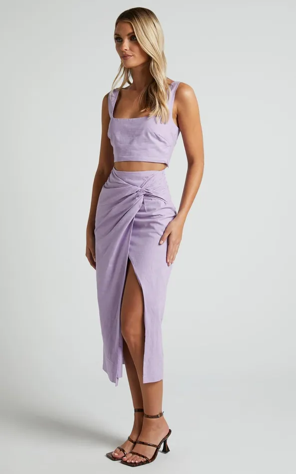 Showpo Gibson Two Piece Set 8211 Linen Look Crop Top And Knot Front Midi Skirt Set In Lilac Women Two Piece Sets and Coords