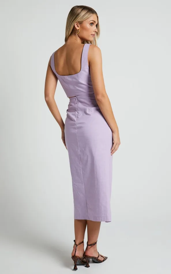 Showpo Gibson Two Piece Set 8211 Linen Look Crop Top And Knot Front Midi Skirt Set In Lilac Women Two Piece Sets and Coords