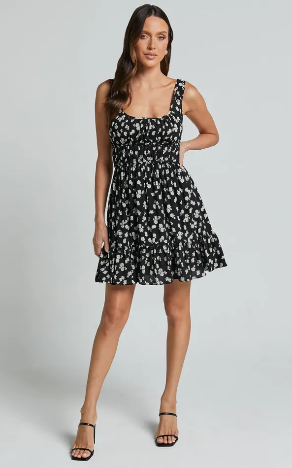 Showpo Gieanny Mini Dress 8211 Scoop Neck Sleeveless Ruched Strap Ruffle Hem Dress In Black Floral Women Dresses