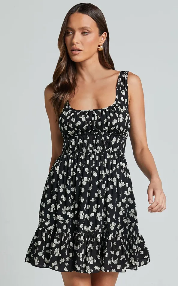 Showpo Gieanny Mini Dress 8211 Scoop Neck Sleeveless Ruched Strap Ruffle Hem Dress In Black Floral Women Dresses