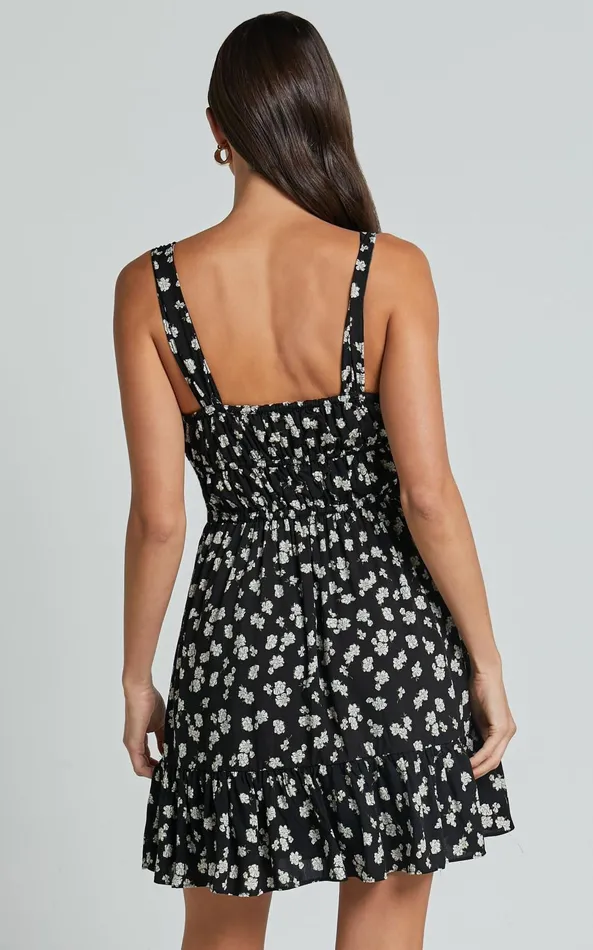 Showpo Gieanny Mini Dress 8211 Scoop Neck Sleeveless Ruched Strap Ruffle Hem Dress In Black Floral Women Dresses