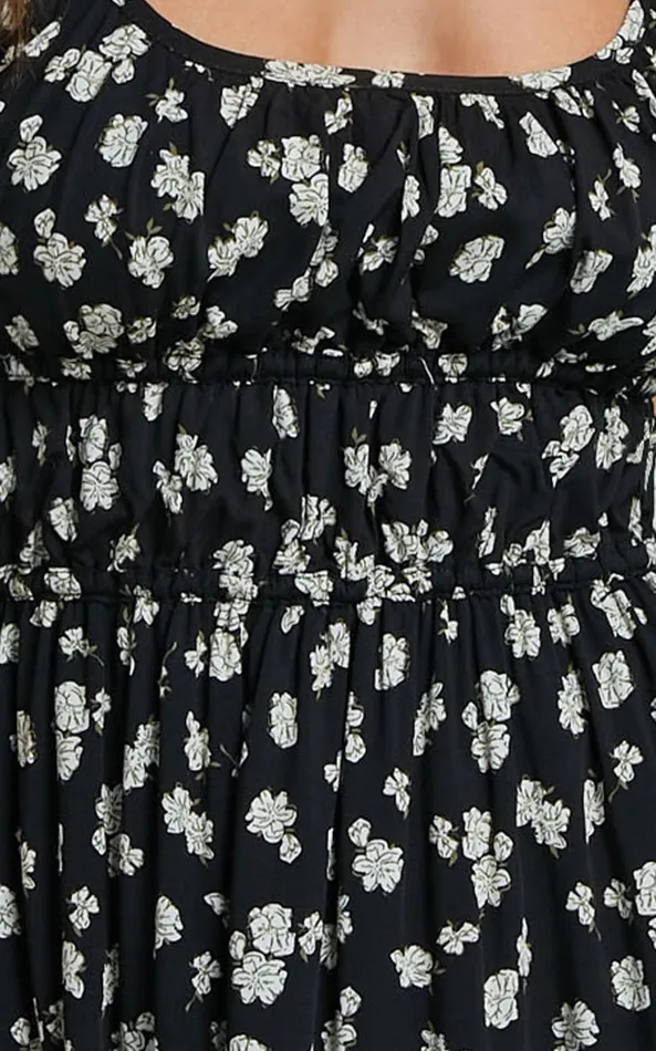 Showpo Gieanny Mini Dress 8211 Scoop Neck Sleeveless Ruched Strap Ruffle Hem Dress In Black Floral Women Dresses