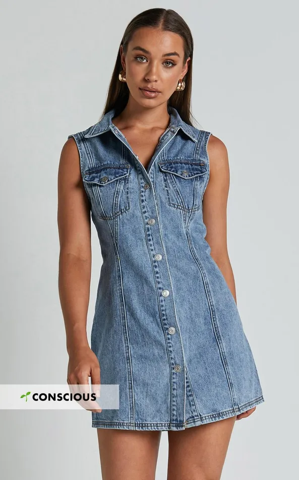 Showpo Gigie Mini Dress 8211 Button Front Collared Denim In Mid Blue Wash Women Dresses Showpo Gigie Mini Dress 8211 Button Front Collared Denim In Mid Blue Wash Women Dresses