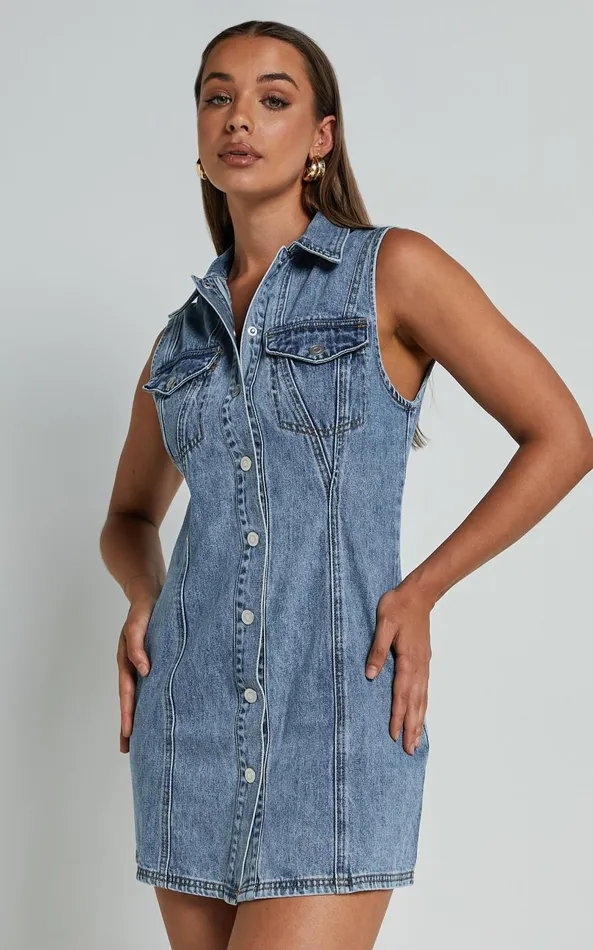 Showpo Gigie Mini Dress 8211 Button Front Collared Denim In Mid Blue Wash Women Dresses