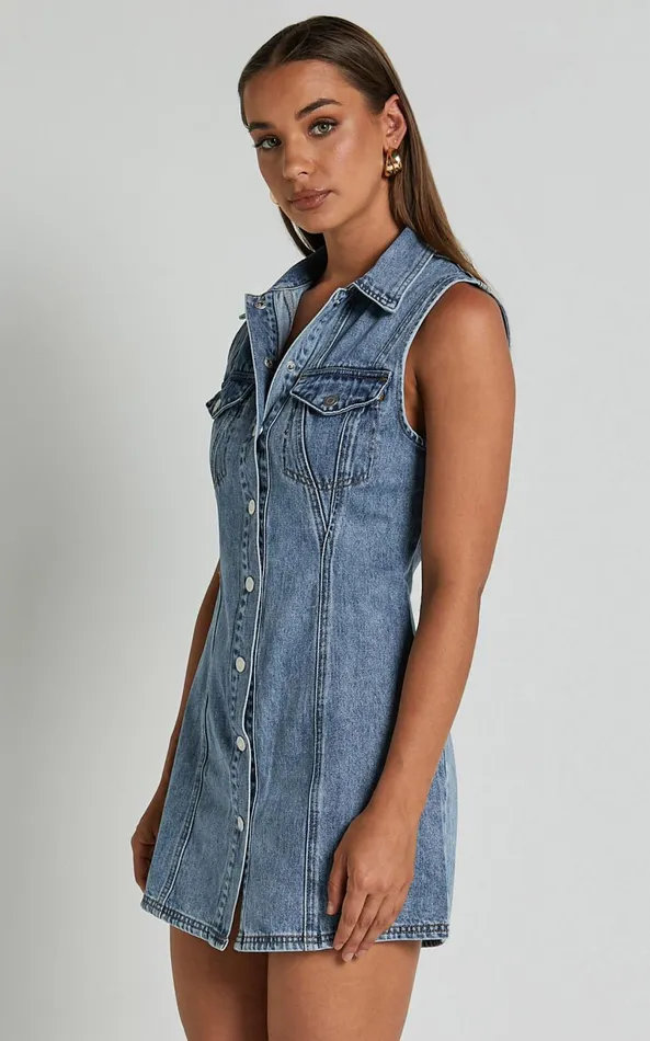 Showpo Gigie Mini Dress 8211 Button Front Collared Denim In Mid Blue Wash Women Dresses