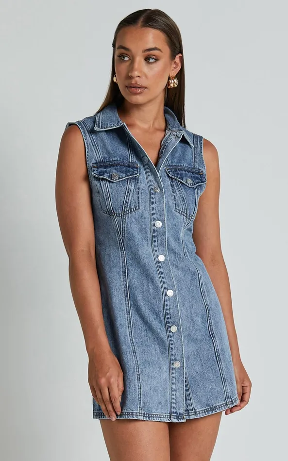 Showpo Gigie Mini Dress 8211 Button Front Collared Denim In Mid Blue Wash Women Dresses