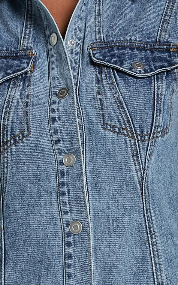 Showpo Gigie Mini Dress 8211 Button Front Collared Denim In Mid Blue Wash Women Dresses