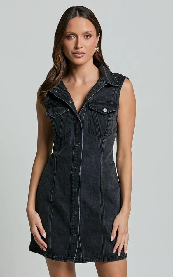 Showpo Gigie Mini Dress 8211 Button Front Collared Denim In Washed Black Women Dresses