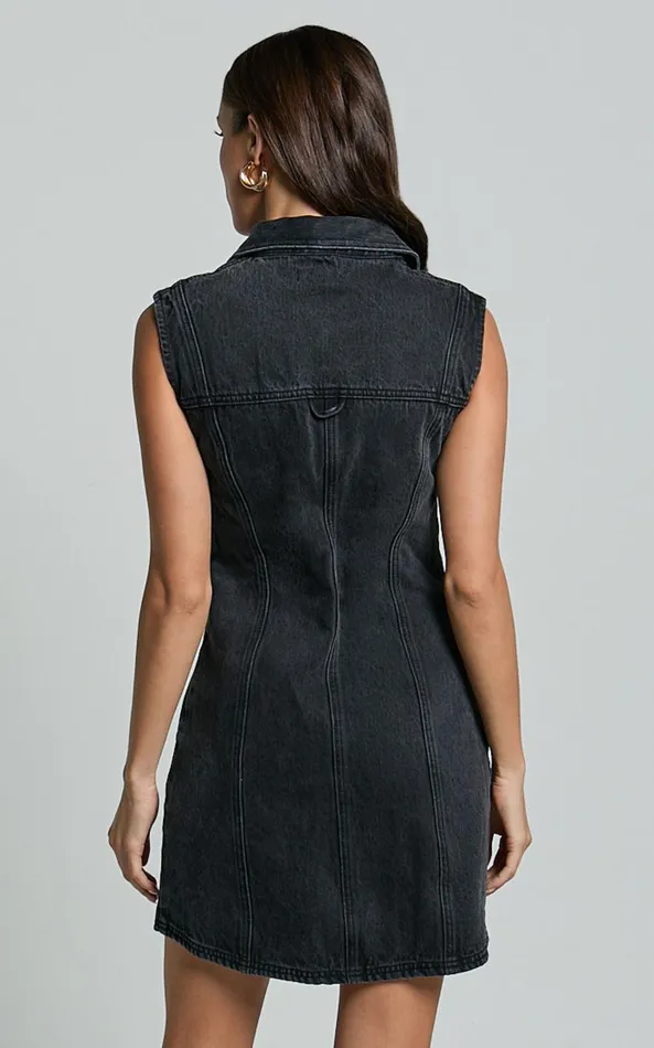 Showpo Gigie Mini Dress 8211 Button Front Collared Denim In Washed Black Women Dresses