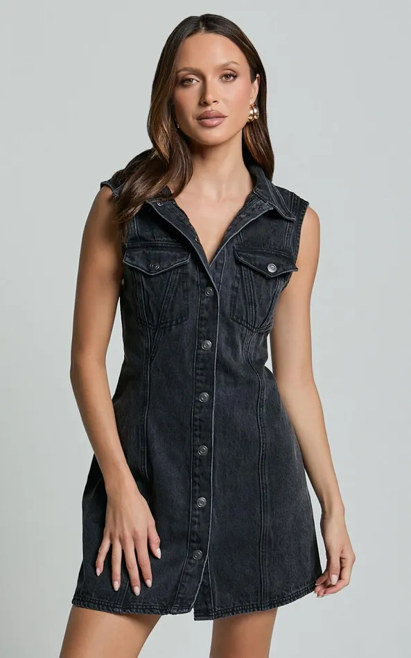 Showpo Gigie Mini Dress 8211 Button Front Collared Denim In Washed Black Women Dresses