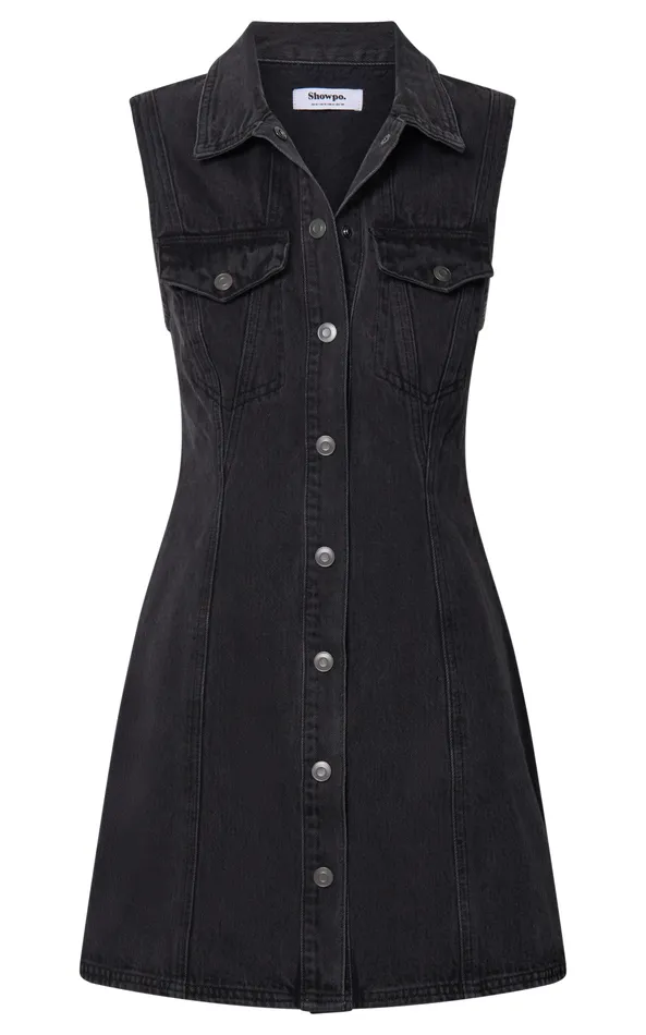 Showpo Gigie Mini Dress 8211 Button Front Collared Denim In Washed Black Women Dresses