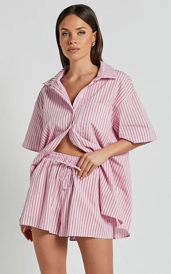Showpo Gijon Shirt 8211 Collared Button Through Shirt In Pink And Red Stripe Women Tops