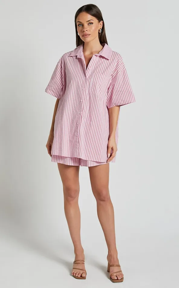 Showpo Gijon Shirt 8211 Collared Button Through Shirt In Pink And Red Stripe Women Tops