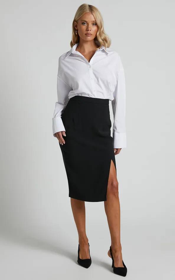 Showpo Ginna Midi Skirt 8211 Front Slit Pencil Skirt In Black Women Skirts