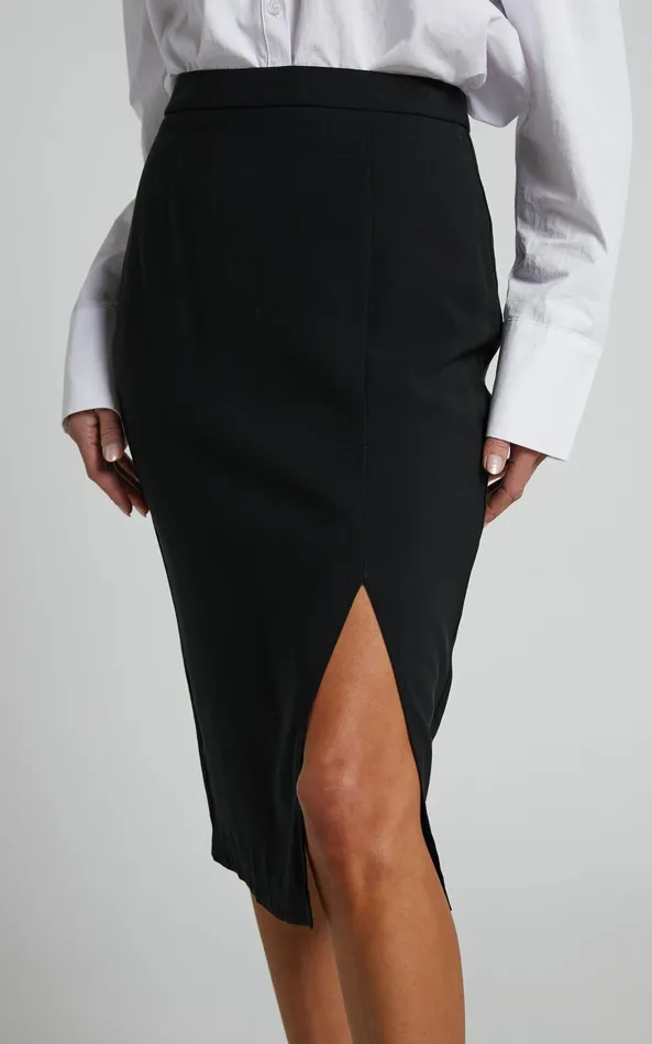 Showpo Ginna Midi Skirt 8211 Front Slit Pencil Skirt In Black Women Skirts