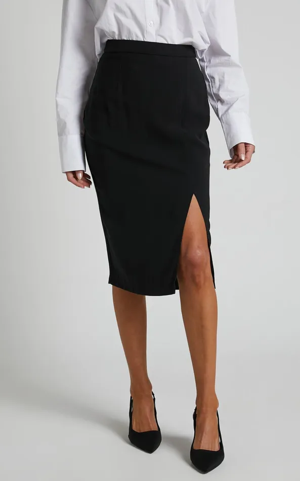 Showpo Ginna Midi Skirt 8211 Front Slit Pencil Skirt In Black Women Skirts