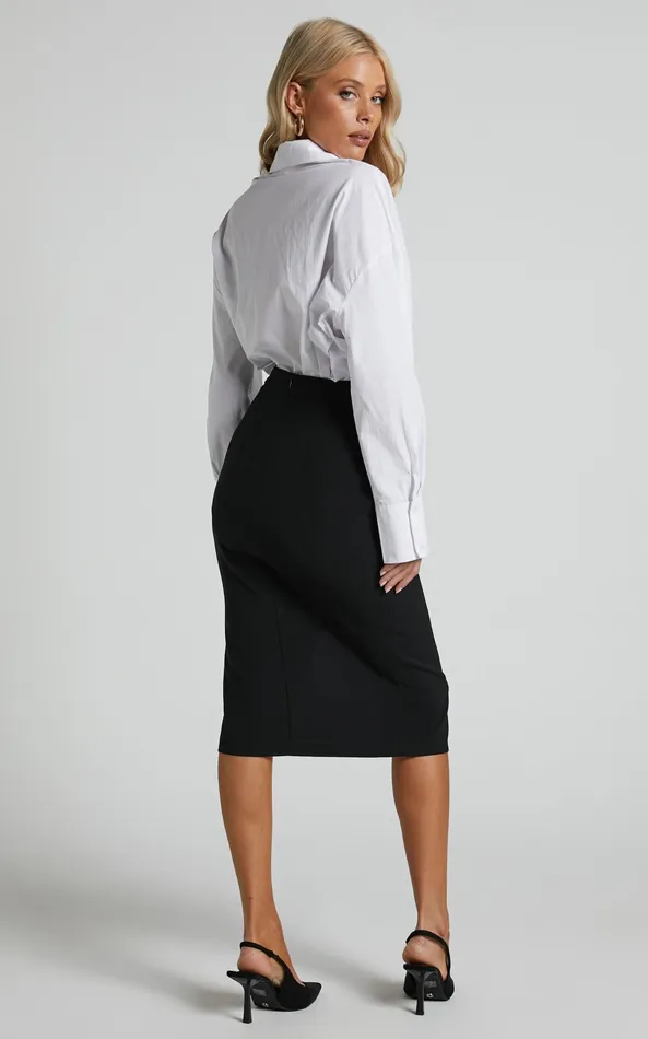 Showpo Ginna Midi Skirt 8211 Front Slit Pencil Skirt In Black Women Skirts