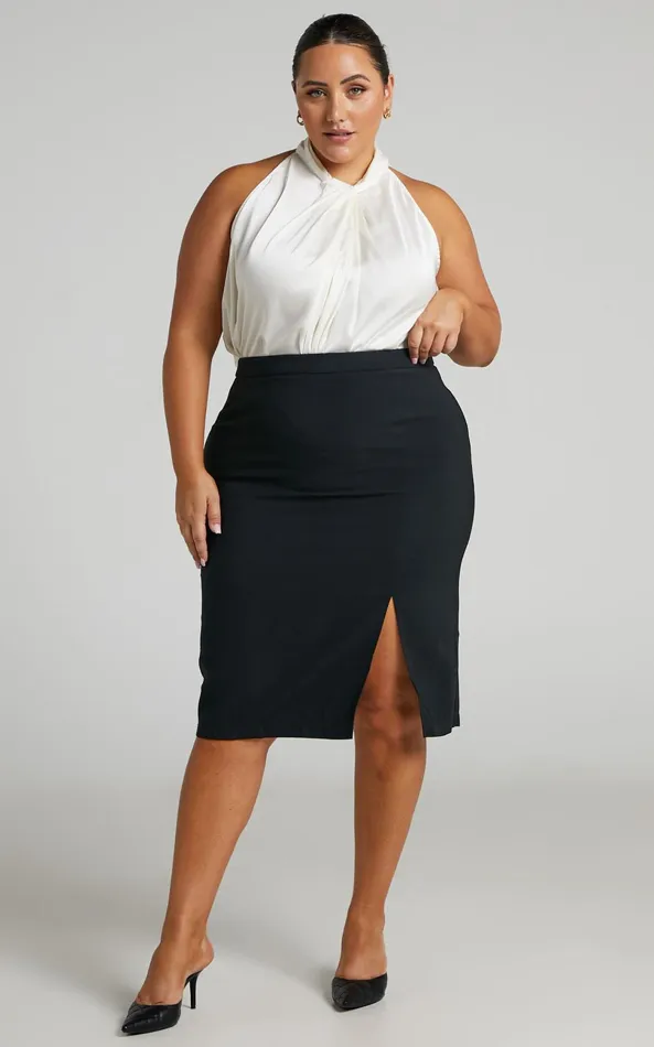 Showpo Ginna Midi Skirt 8211 Front Slit Pencil Skirt In Black Women Skirts