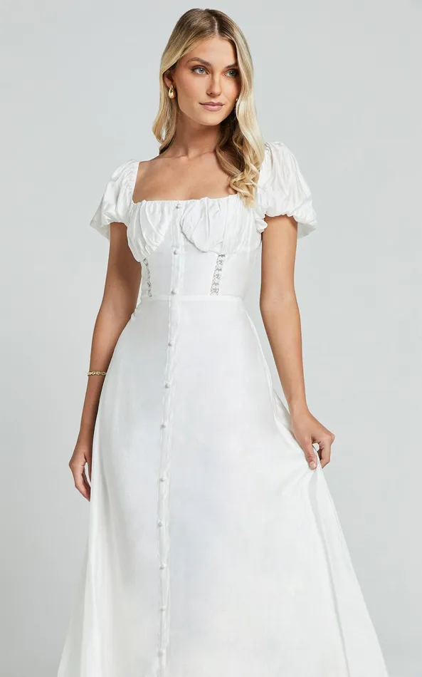 Showpo Giselle Midi Dress 8211 Puff Sleeve Corset Flare Dress In White Women Dresses