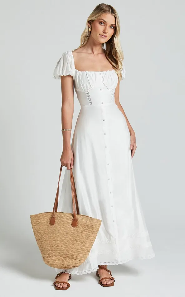 Showpo Giselle Midi Dress 8211 Puff Sleeve Corset Flare Dress In White Women Dresses