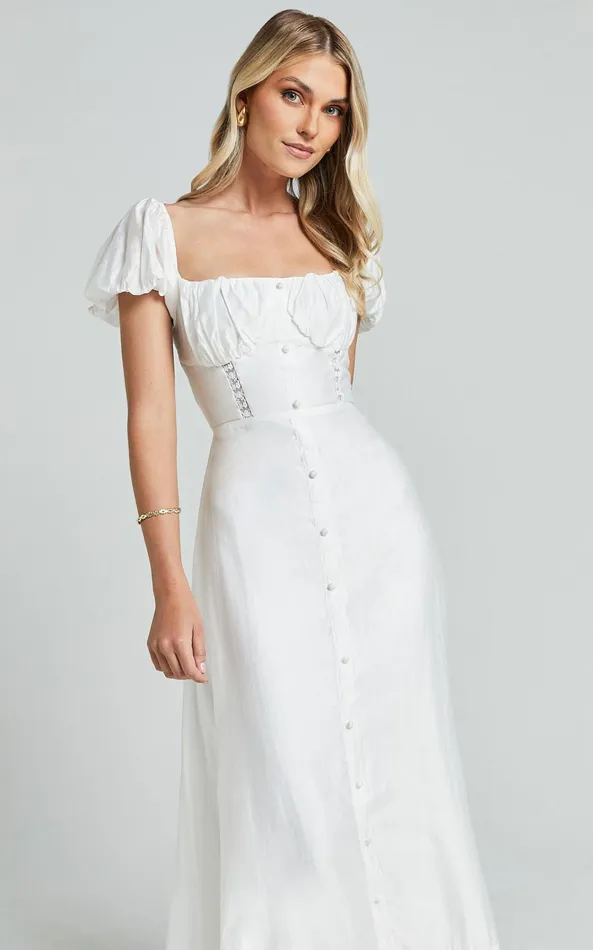 Showpo Giselle Midi Dress 8211 Puff Sleeve Corset Flare Dress In White Women Dresses