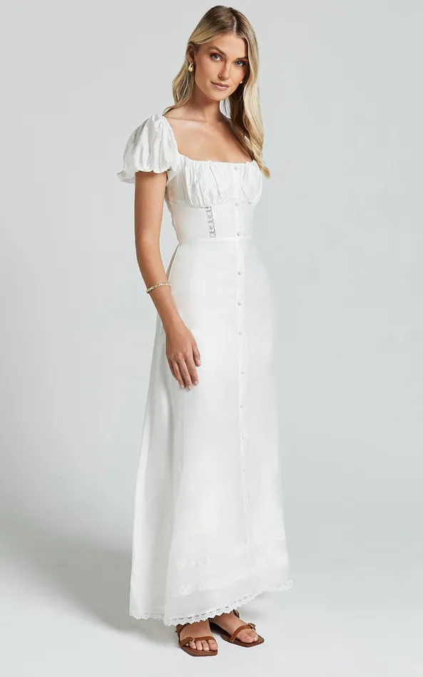 Showpo Giselle Midi Dress 8211 Puff Sleeve Corset Flare Dress In White Women Dresses