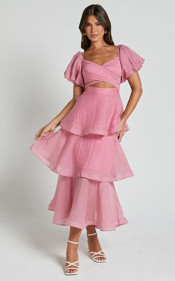 Showpo Giselle Midi Dress 8211 Short Puff Sleeve Front Cut Out Layered Dress In Pink Women Dresses Showpo Giselle Midi Dress 8211 Short Puff Sleeve Front Cut Out Layered Dress In Pink Women Dresses
