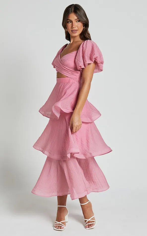 Showpo Giselle Midi Dress 8211 Short Puff Sleeve Front Cut Out Layered Dress In Pink Women Dresses