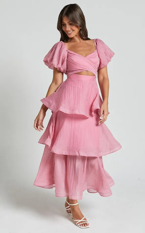 Showpo Giselle Midi Dress 8211 Short Puff Sleeve Front Cut Out Layered Dress In Pink Women Dresses