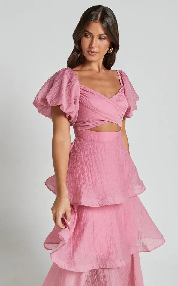 Showpo Giselle Midi Dress 8211 Short Puff Sleeve Front Cut Out Layered Dress In Pink Women Dresses