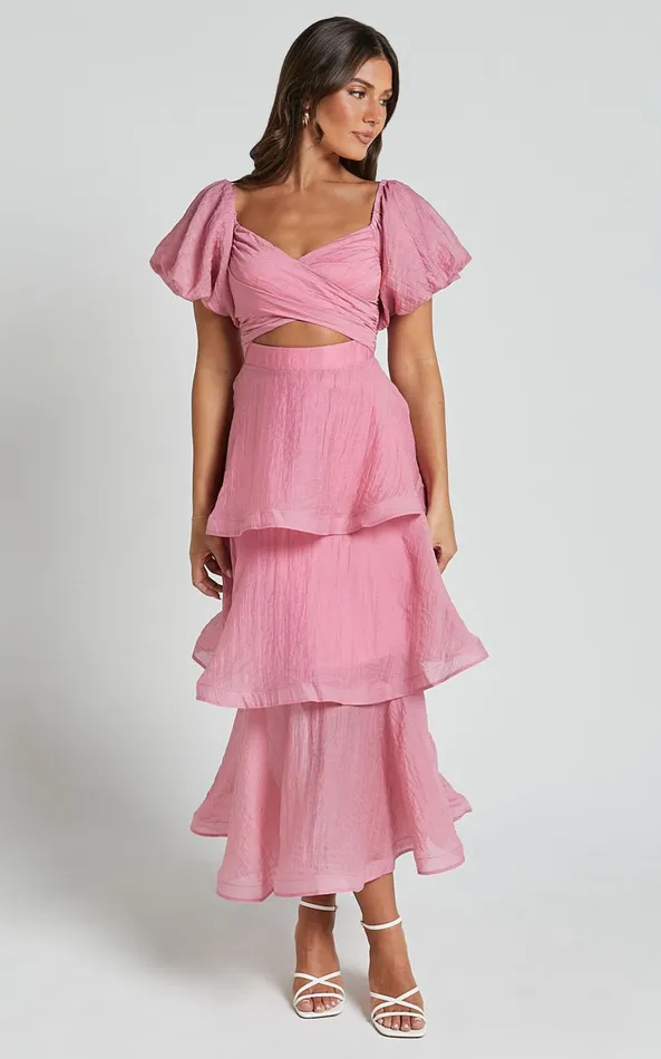 Showpo Giselle Midi Dress 8211 Short Puff Sleeve Front Cut Out Layered Dress In Pink Women Dresses