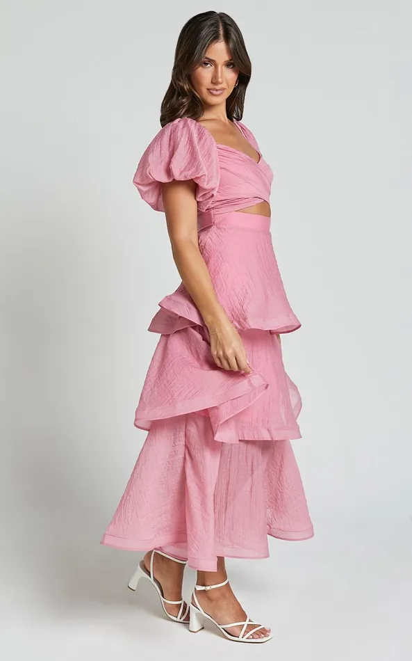 Showpo Giselle Midi Dress 8211 Short Puff Sleeve Front Cut Out Layered Dress In Pink Women Dresses