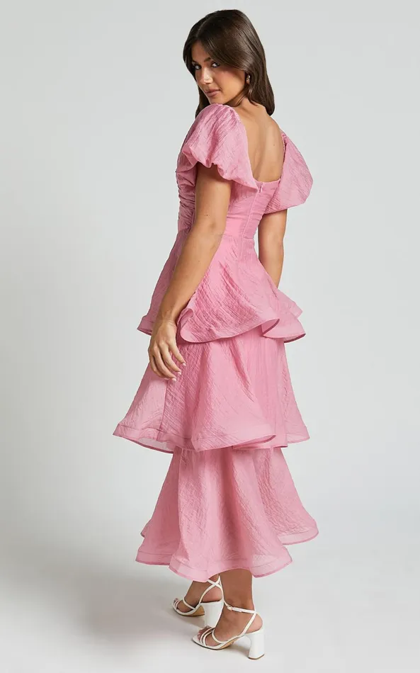 Showpo Giselle Midi Dress 8211 Short Puff Sleeve Front Cut Out Layered Dress In Pink Women Dresses