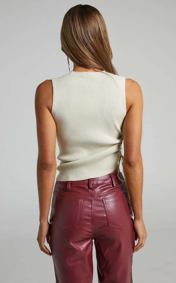 Showpo Giselli Top 8211 Knit Ruched Side Tank Top In Cream Women Curve Clothes
