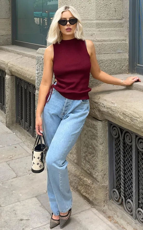 Showpo Giselli Top 8211 Knit Ruched Side Tank Top In Plum Women Knitwear