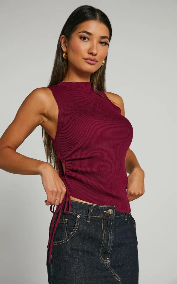 Showpo Giselli Top 8211 Knit Ruched Side Tank Top In Plum Women Knitwear
